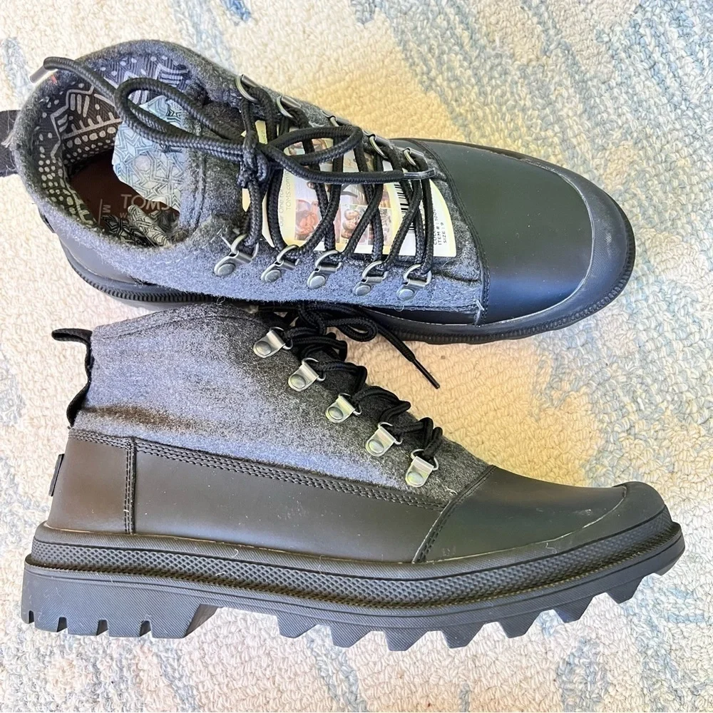 TOM’S MENS CORDOVA CHARCOAL WOOL LEATHER LACE UP HIKING BOOTS SIZE 9 NWT